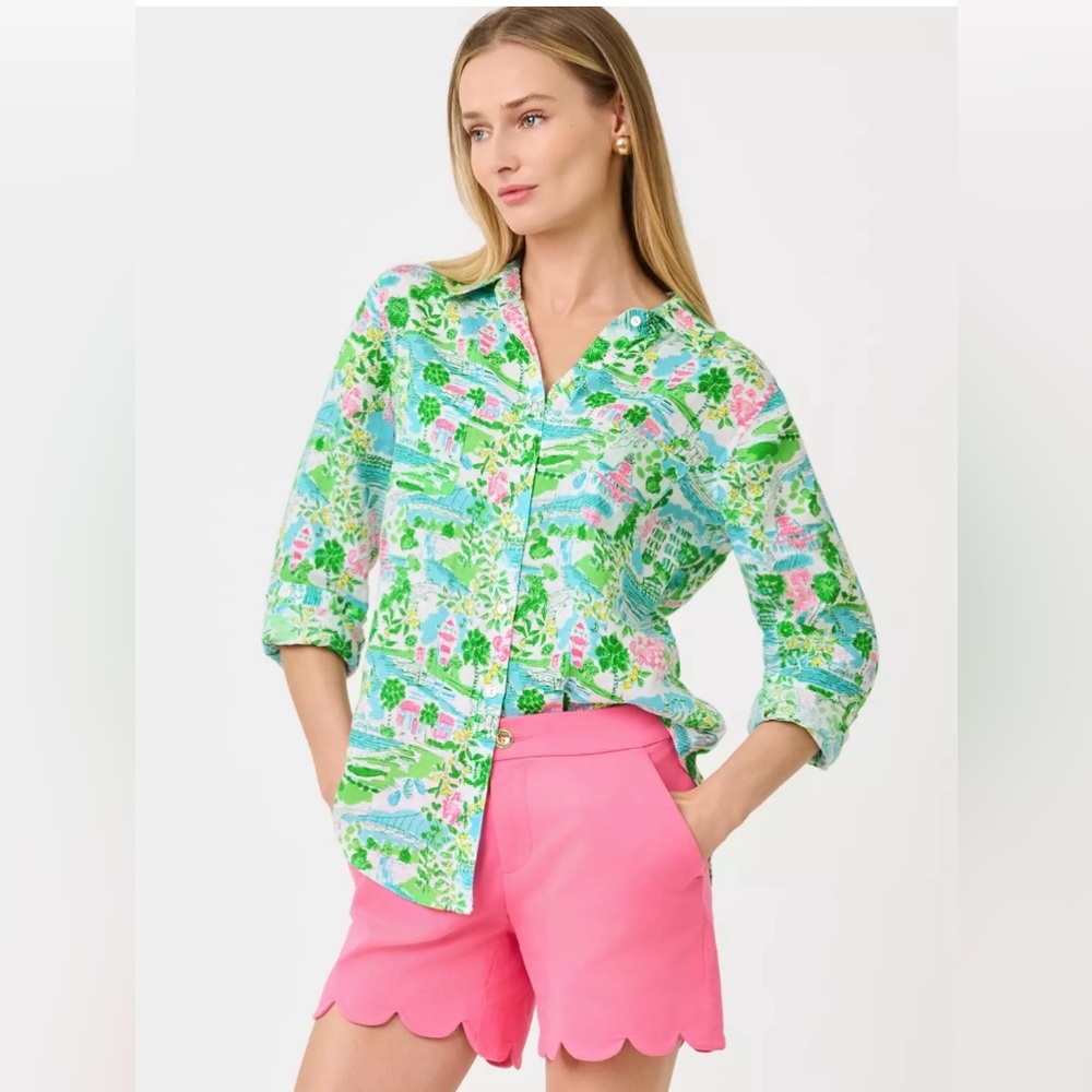 Lily Pulitzer 100% cotton Green and Pink Long Sleeve Button Down Blouse💖✨